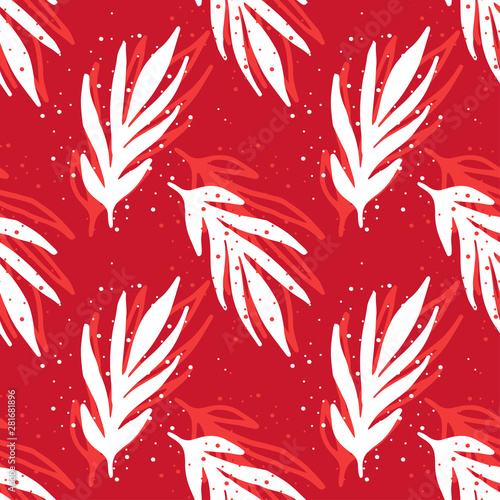 Elegantes rotes nahtloses Muster mit weißen handgezeichneten Blättern, Ästen und Sprühfarbenpunkten.