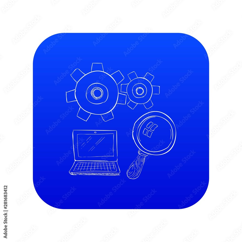 Laptop with magnifier icon blue vector isolated on white background Laptop with magnifier icon blue vector isolated on white background