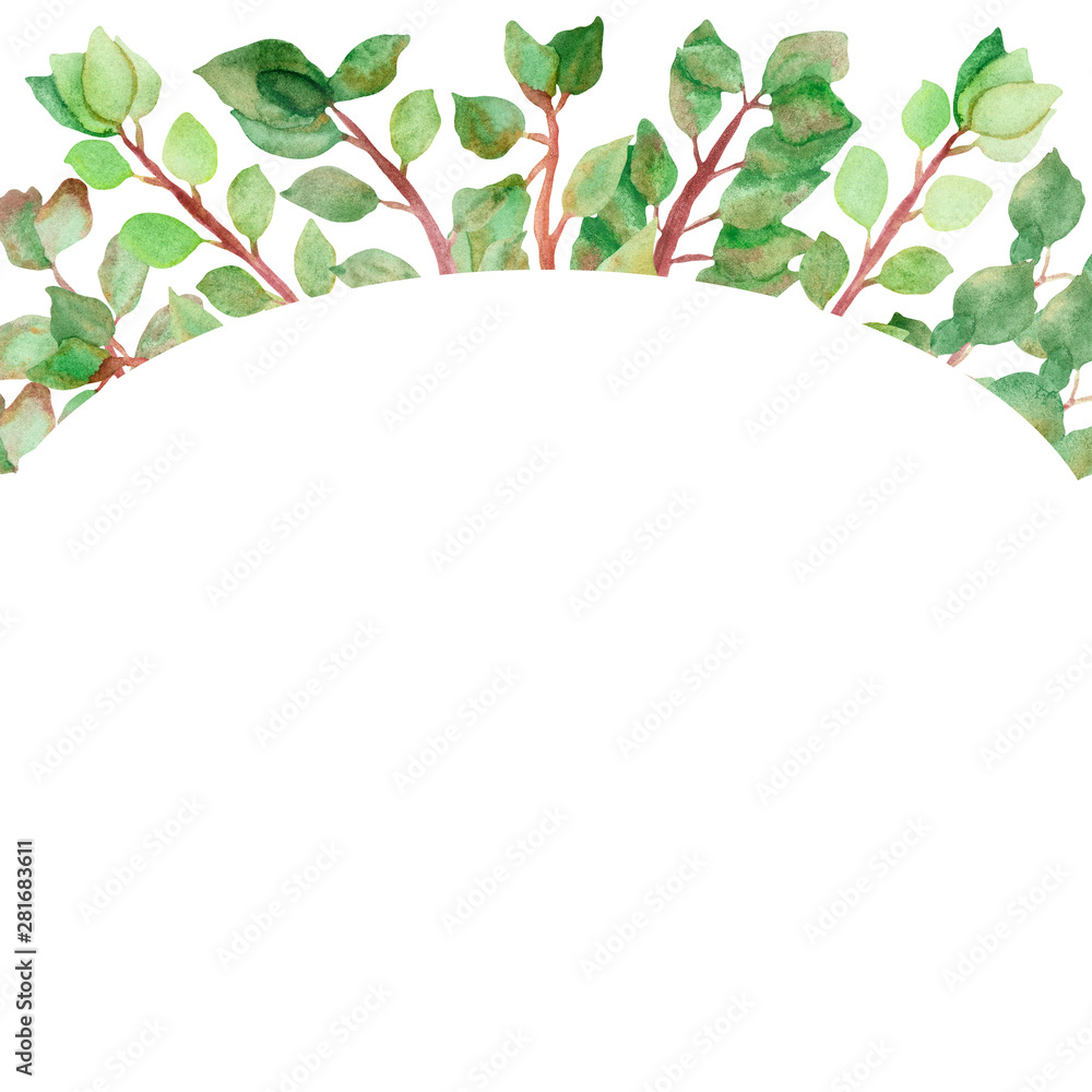 Watercolor hand painted nature half oval arch frame with green leaves and branches for invitations and greeting cards with the space for text