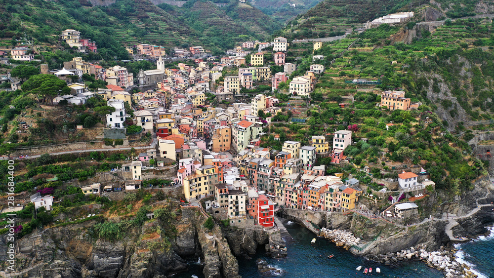 Aerial view of Riomaggiore village, Cinque Terre, Italy.