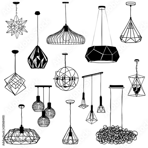 Set a hanging chandelier in the loft ,sketch by hand with contour lines. Vector illustration