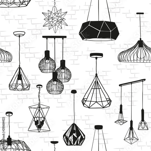 seamless pattern a hanging chandelier in the loft, sketch freehand using contour lines. Vector illustration