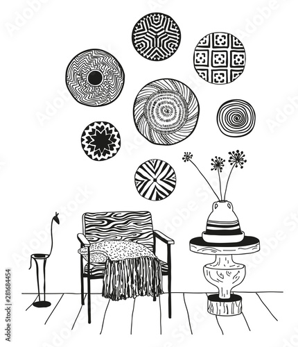Sketch drawing interior room, chair, vase of flowers on the table ,decorative plates on the wall hand sketch with contour lines. Vector illustration