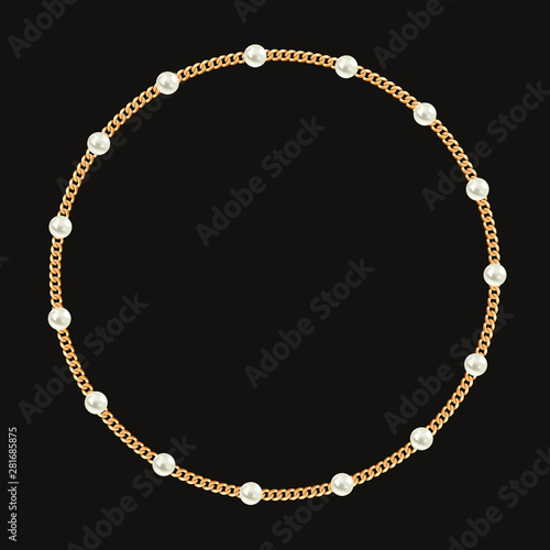 Round frame made with golden chain and white pearls. On black. Vector illustration