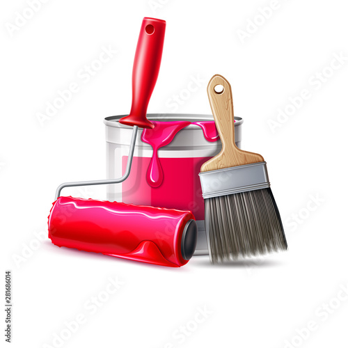 Realistic wall painter tools set. 3d paint roller, brush and bucket with pink paint. Vector redecoration equipment, wall decoration workers design. Labour day holiday, artistic workers elements.