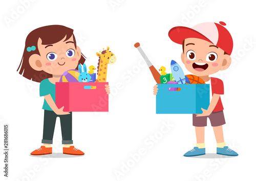 kids boy and girl holding box of toy vector isolated