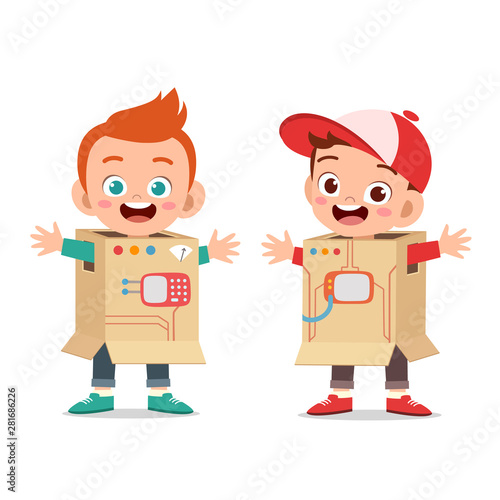 Two boys with costumes made of cardboard box illustration