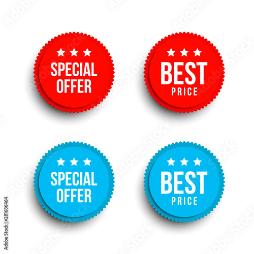 Red and blue special offer banners with shadows on white background.
