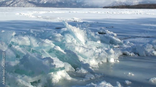 Ice formations in Lake Kussharo in winter,  Hokkaido,  Japan photo