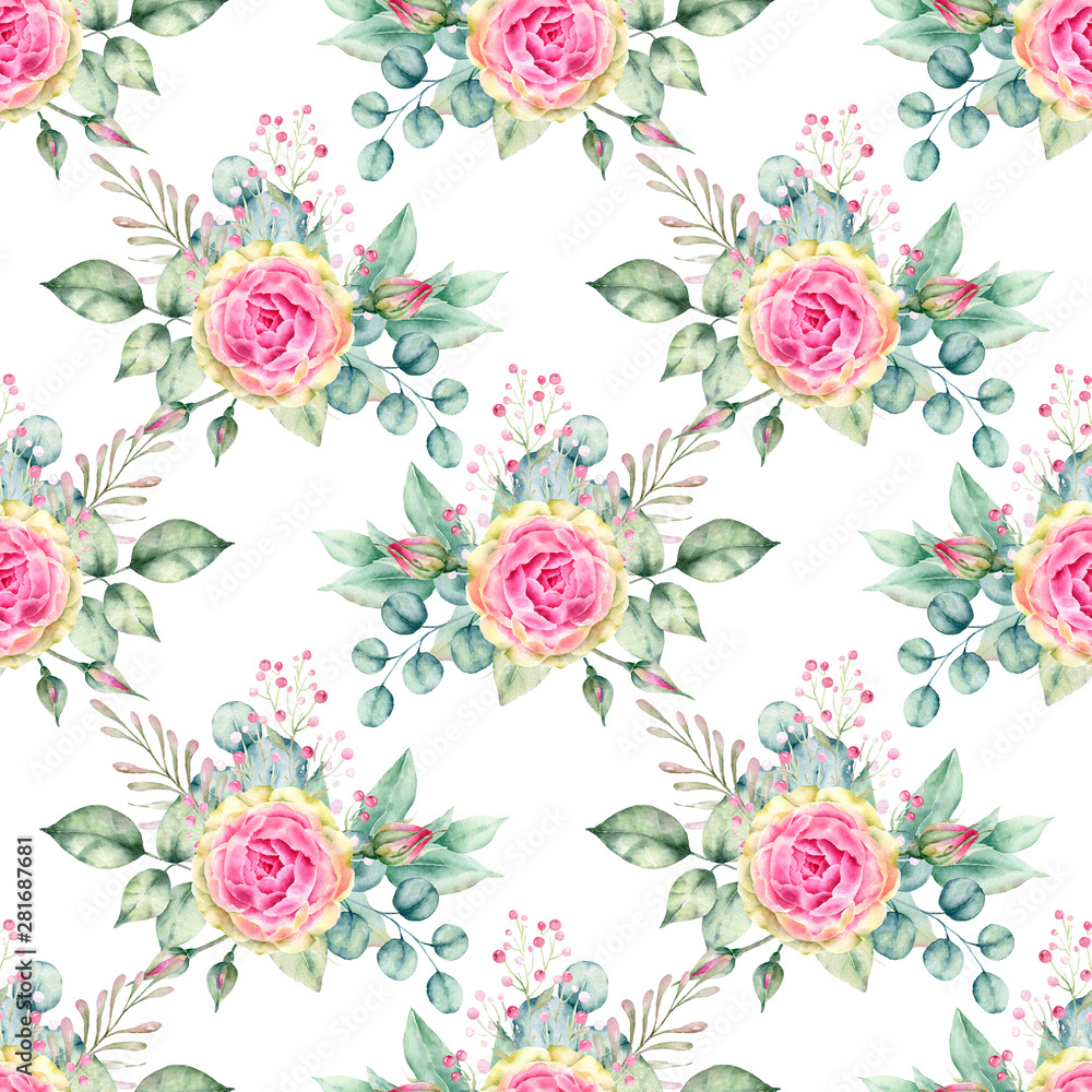 .Watercolor hand painted seamless pattern of pink roses and green leaves.