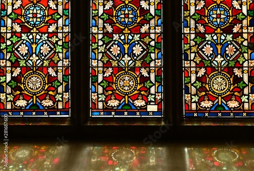 Jersey, U.K. August 1st 2019, 19th stained glass window of St Martin's Church. photo