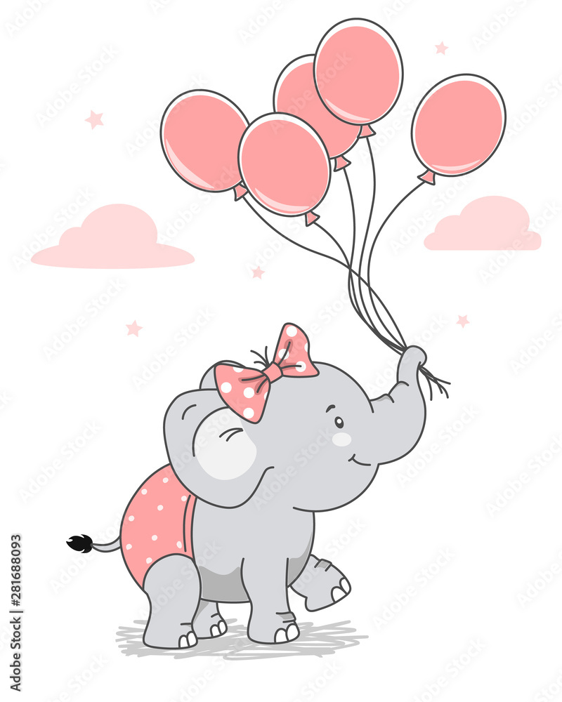 Happy elephant with a bow and balloons. Isolated vector Happy elephant with a bow and balloons. Isolated vector