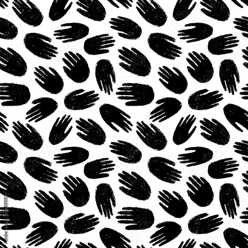Vector seamless pattern with human hand imprints. Ink brush texture.