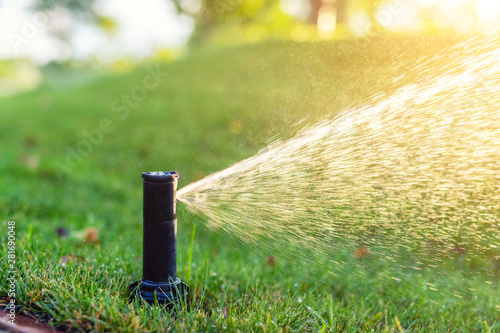 Close-up automatic garden watering system with different sprinklers installed under turf. Landscape design with lawn hills and fruit garden irrigated with smart autonomous sprayers at sunset time