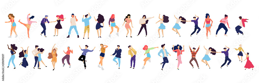 Crowd of young people dancing at club. Big set of characters having fun at party. Flat colorful vector illustration. - Vector