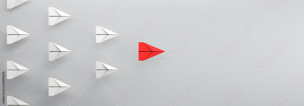 paper plane leadership concept - red paper plane leading the row - obrazy, fototapety, plakaty 