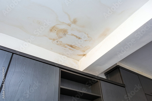 Roof leakage, water dameged ceiling roof and stain on ceiling photo