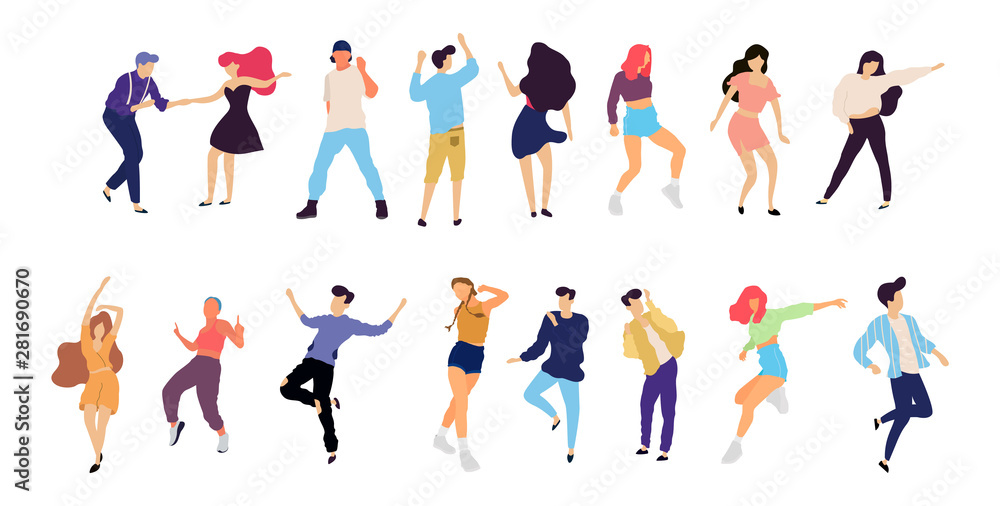 Crowd of young people dancing at club. Big set of characters having fun at party. Flat colorful vector illustration. - Vector Crowd of young people dancing at club. Big set of characters having fun at party. Flat colorful vector illustration. - Vector
