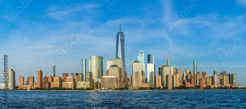 View to Lower Manhattan Skyline from Exchange Place in Jersey City at sunset. © elena_suvorova