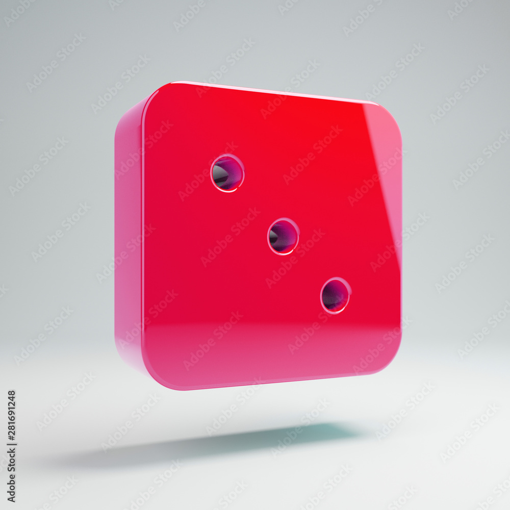 Volumetric glossy hot pink Dice Three icon isolated on white background. Volumetric glossy hot pink Dice Three icon isolated on white background.