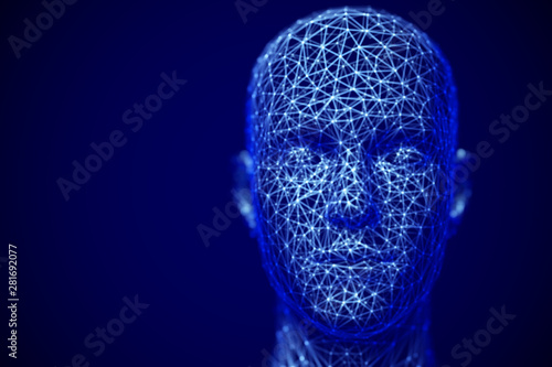 Cyberspace or machine learning concept: polygonal male face. Digital human or robot head -abstract visualization of artificial intelligence and face recognition technology. EPS 10, vector illustration
