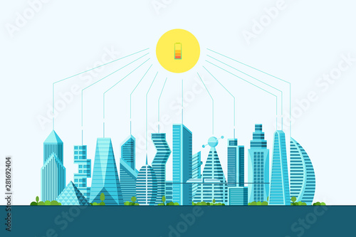 Future smart eco city alternative clean sun energy concept. Urban landscape with solar battery charge level. Futuristic multi-storey cyberpunk graphic ecology town house vector illustration