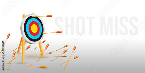Multiple failed inaccurate attempts to hit archery target. Flat cartoon shot miss. Many arrows missed hitting target mark. Business challenge failure metaphor. Vector illustration.