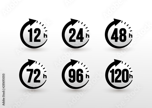Set of 12, 24, 48, 72, 96, 120 hours clock arrow. Work time effect or delivery service time icons. Hours order execution or delivery service. Vector illustration. Isolated on white background.