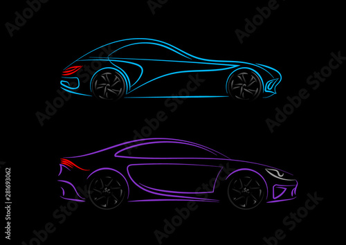 Set of Modern car silhouette in side view. Blue  violet neon car silhouette for logo  banner for marketing advertising design. Vector illustration. Isolated on black background.