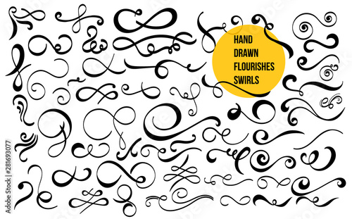 Set of hand drawn flourishes swirls, text dividers, wedding decor design elements. For calligraphy graphic design, wedding invitation, romantic style. Vector illustration. Isolated on white background