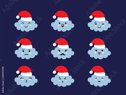 Set of cloud shaped emoji with different mood in Santas hat. Kawaii christmas and Japanese anime emoji faces expressions. Vector cartoon style comic set. © mashot