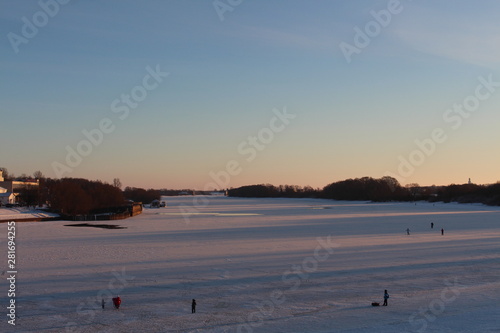 Frozen lake panoramic view during Russian winter season