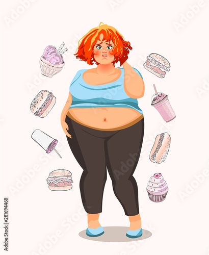 Unhealthy lifestyle. The design concept of junk food. Fat young woman.