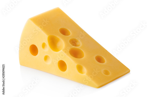 Delicious piece of cheese, isolated on white background