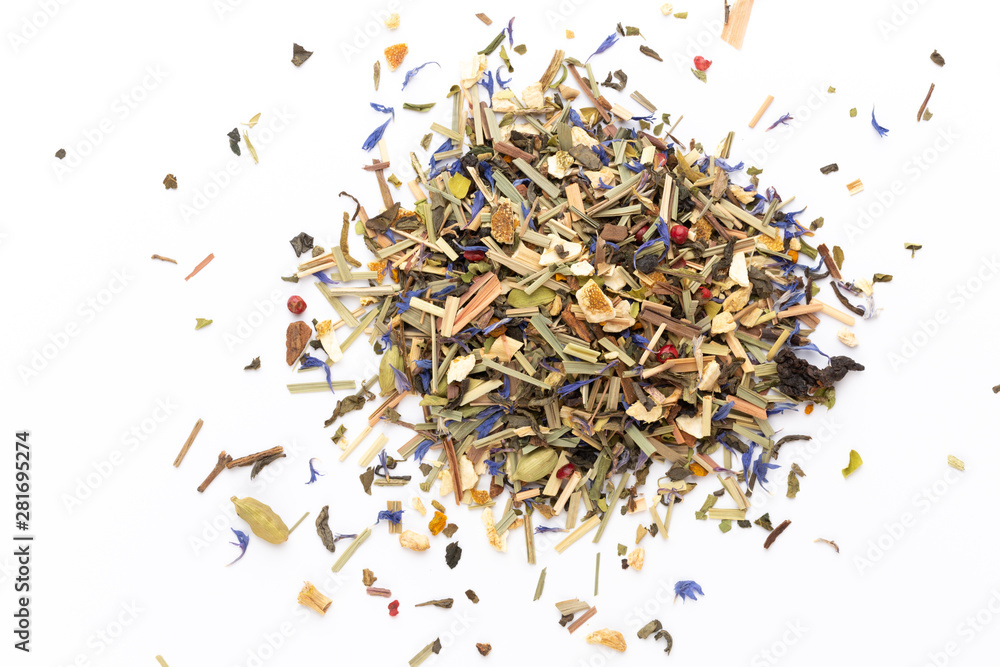 Herbal tea on a white background. Top view. Herbal tea on a white background. Top view.