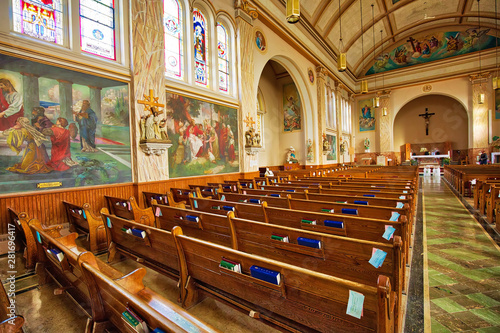 Penetanguishene, Canada-15 July, 2019: St. Anne Roman Catholic Church in Penetanguishene town located in Georgian Bay in Simcoe County, Ontario, Canada photo