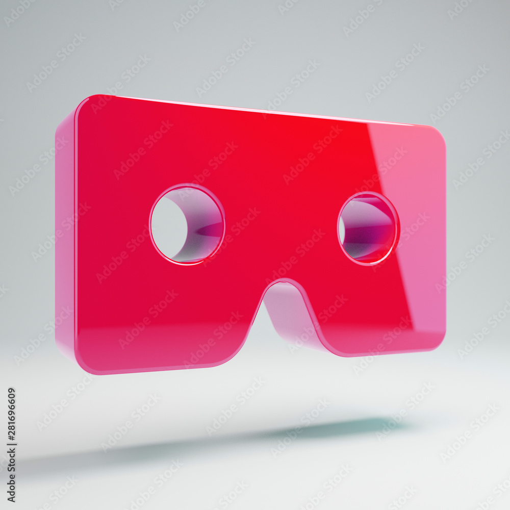 Volumetric glossy hot pink VR cardboard icon isolated on white background.