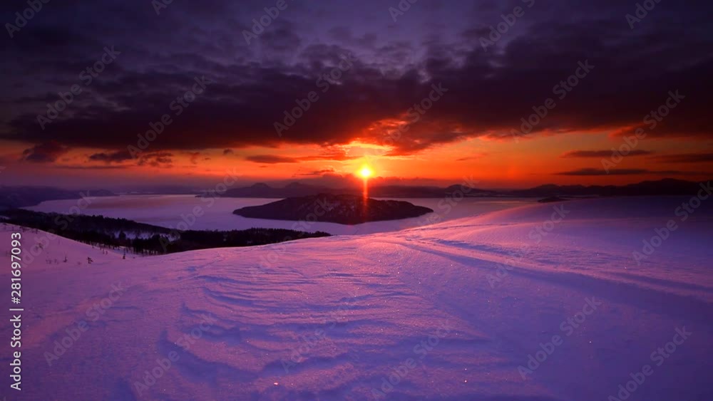 Sunrise over frozen lake, Bihoro, Hokkaido, Japan Sunrise over frozen lake, Bihoro, Hokkaido, Japan