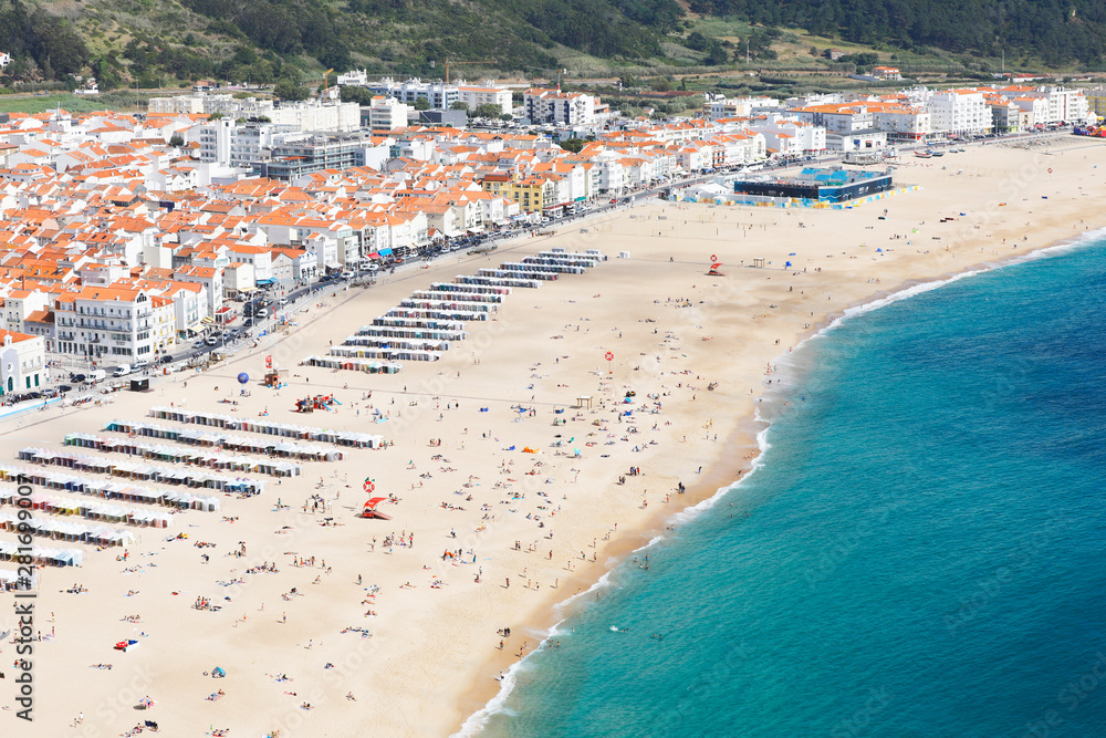 Nazare, Leiria, Portugal - July 01, 2019: View of Nazare Beach, from the viewpoint of Suberco, in the Leiria District, in Portugal.