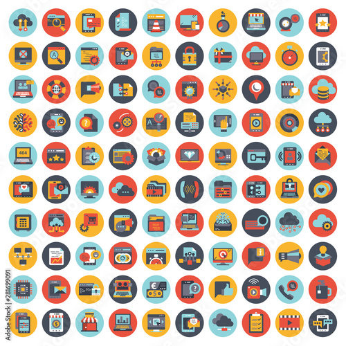 Set vector icons with elements for mobile concepts and web apps. Business and marketing, programming, data management, internet connection, social network, computing, information. Vector