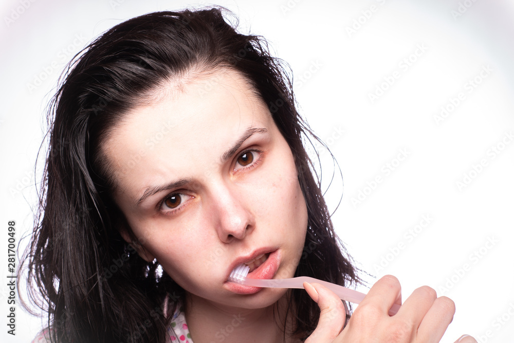 beautiful young woman cleaning teeth beautiful young woman cleaning teeth