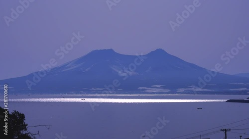 Komagatake volcano and Uchiura Bay at winter dawn photo