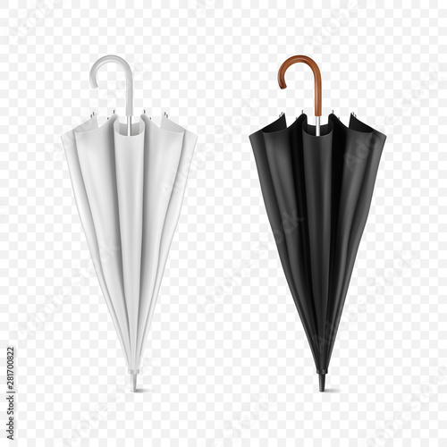 Vector 3d Realistic Render White and Black Blank Umbrella Icon Set Closeup Isolated on Transparent Background. Design Template of Closed Parasols for Mock-up, Branding, Advertise etc. Front View