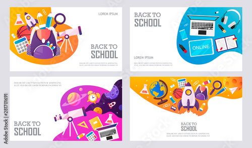 Back to school. Online learning. Start. Set of templates for banner, presentation, landing, sale, poster. Vector cartoon illustration.