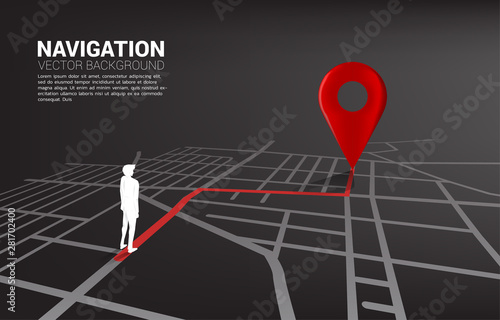 Route between 3D location pin markers and businessman on city road map. Concept for GPS navigation system infographic.