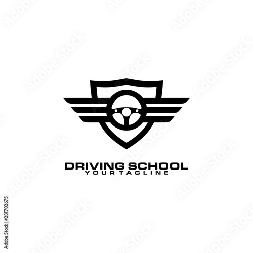 driving school wings steering wheel shield logo vector