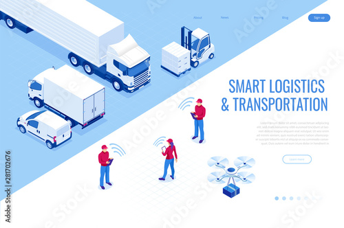 Isometric Mobile smart phone with mobile app delivery tracking. Smart logistics and transportation concept.