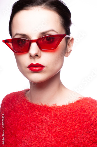 girl in red  red sweater  red glasses  red lipstick