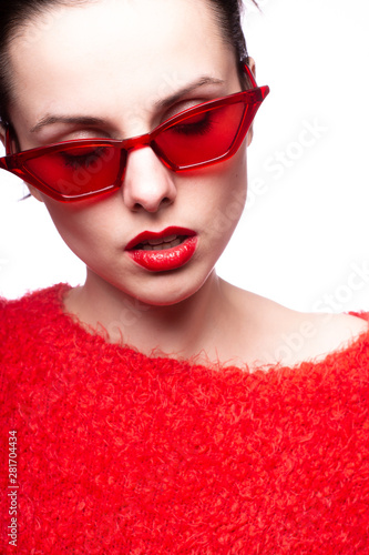 girl in red  red sweater  red glasses  red lipstick