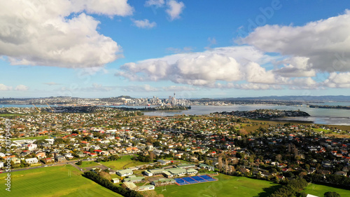 Aerial View of Auckland Sky Tower from Takapuna in Auckland, New Zealand photo